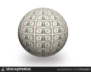 3D Sphere made of one dollar bills on white background