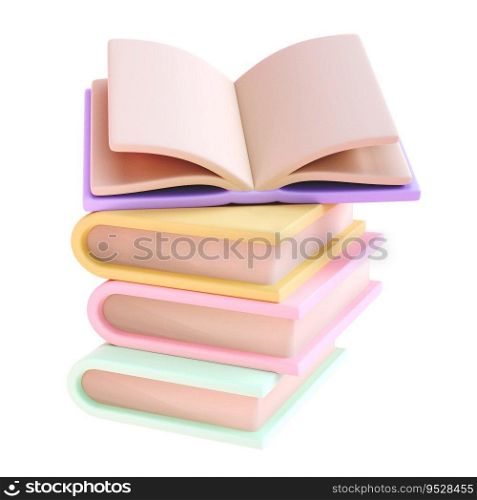 3D Stack of Closed Books and one open book. Icon Isolated with clipping path. Render Educational or Business Literature. Reading Education, E-book, Literature, Encyclopedia, Textbook Illustration.. 3D Stack of Closed Books and one open book. Icon Isolated with clipping path. Render Educational or Business Literature. Reading Education, E-book, Literature, Encyclopedia, Textbook Illustration