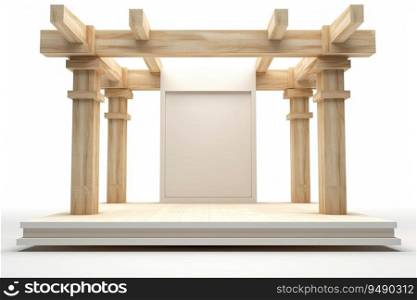 3d stage with a white background and a wooden structur