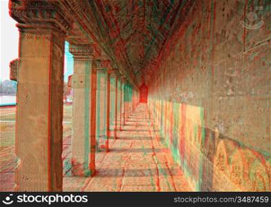 3D stereo photo Angkor Wat - ancient Khmer temple in Cambodia. UNESCO world heritage site (you need anaglyph stereo glasses to watch it)