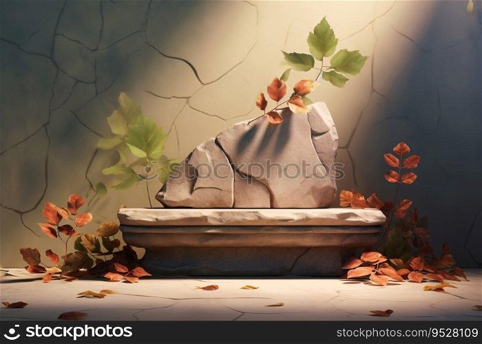 3D stone podium is bathed in morning light, casting a beautiful shadow on the leaves. The perfect image for a product display, mockup, or showroom. Generative AI