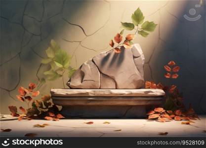 3D stone podium is bathed in morning light, casting a beautiful shadow on the leaves. The perfect image for a product display, mockup, or showroom. Generative AI