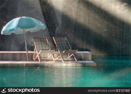 3d summer sale template. Composition of cute beach object and swimming pool. Concept of island vacation.