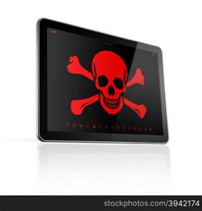 3D Tablet PC with a pirate symbol on screen. Hacking concept. Tablet PC with a pirate symbol on screen. Hacking concept