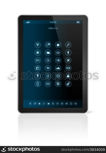 3D tablet pc with apps icons interface - isolated on white with clipping path. tablet pc with apps icons interface