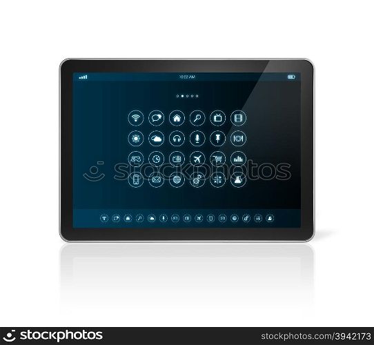 3D tablet pc with apps icons interface - isolated on white with clipping path. tablet pc with apps icons interface