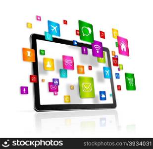 3D Tablet PC with flying apps icons - isolated on white. Tablet PC and flying apps icons
