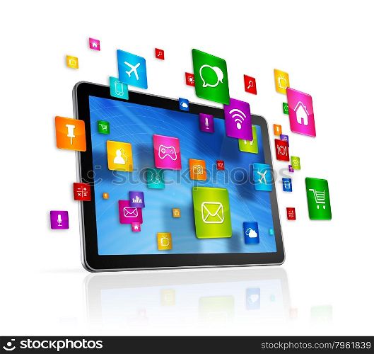 3D Tablet PC with flying apps icons - isolated on white. Tablet PC and flying apps icons