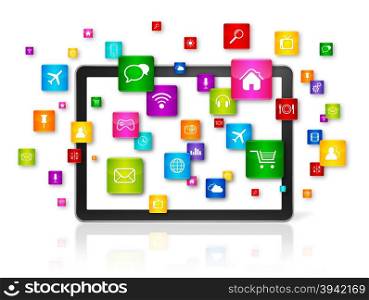 3D Tablet PC with flying apps icons - isolated on white - front view. Tablet PC and flying apps icons