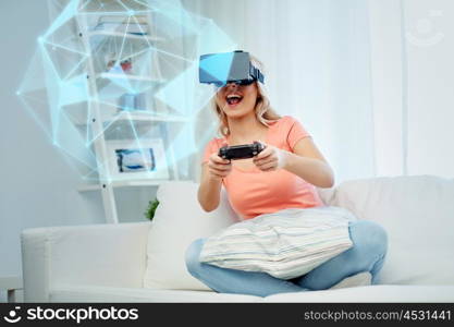 3d technology, augmented reality, gaming, cyberspace and people concept - woman in headset 3d glasses playing video game with controller gamepad at home looking virtual projection of low poly shape