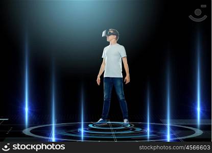 3d technology, gaming, augmented reality, cyberspace and people concept - happy young man in virtual reality headset or 3d glasses with laser lights over black background