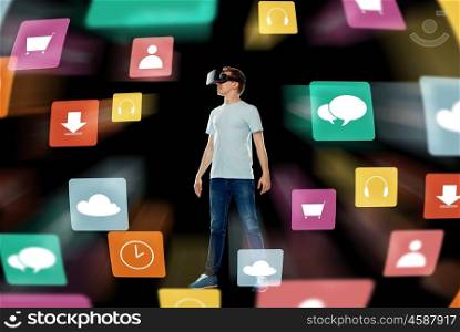 3d technology, gaming, augmented reality, cyberspace and people concept - happy young man in virtual reality headset or 3d glasses with menu icons over black background