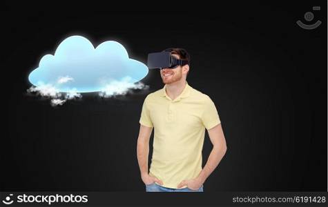 3d technology, virtual reality, cloud computing, entertainment and people concept - happy young man in virtual reality headset or 3d glasses with cloud over black background