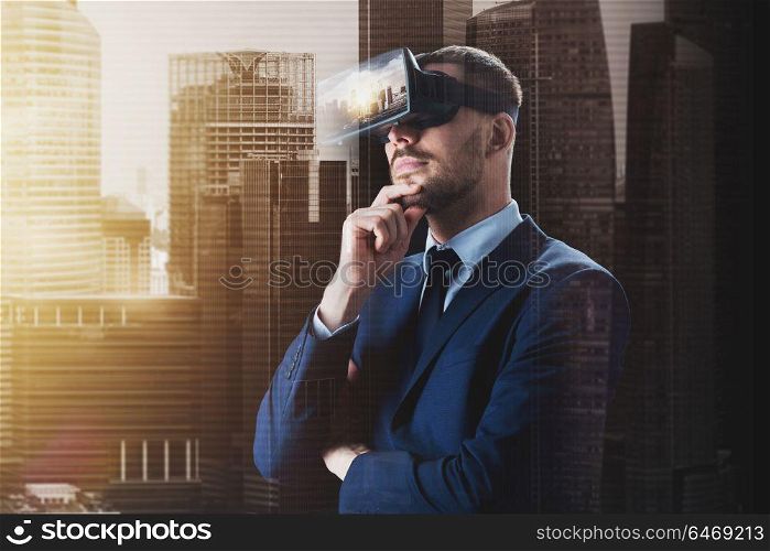3d technology, virtual reality, cyberspace and augmented reality concept - young businessman with singapore city on virtual headset or 3d glasses screen over double exposure effect background. businessman in virtual reality glasses or headset