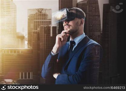 3d technology, virtual reality, cyberspace and augmented reality concept - young businessman with singapore city on virtual headset or 3d glasses screen over double exposure effect background. businessman in virtual reality glasses or headset