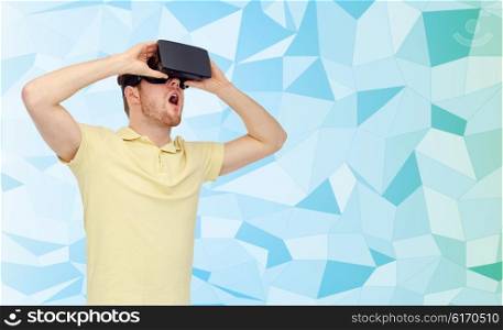 3d technology, virtual reality, entertainment and people concept - amazed young man with virtual reality headset or 3d glasses playing game over blue low poly texture background,