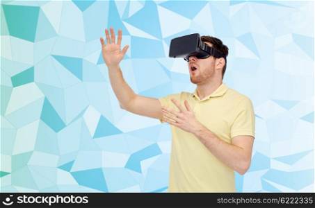 3d technology, virtual reality, entertainment and people concept - amazed young man with virtual reality headset or 3d glasses playing game over low poly background