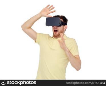 3d technology, virtual reality, entertainment and people concept - happy young man with virtual reality headset or 3d glasses playing game