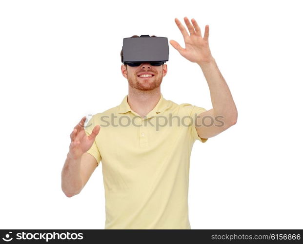 3d technology, virtual reality, entertainment and people concept - happy young man with virtual reality headset or 3d glasses playing game