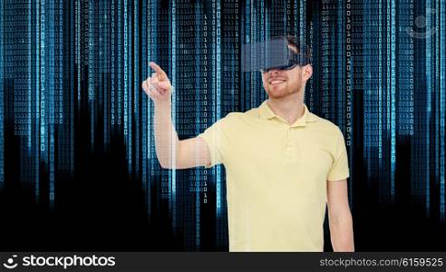 3d technology, virtual reality, entertainment and people concept - happy young man with virtual reality headset or 3d glasses playing game over binary code background