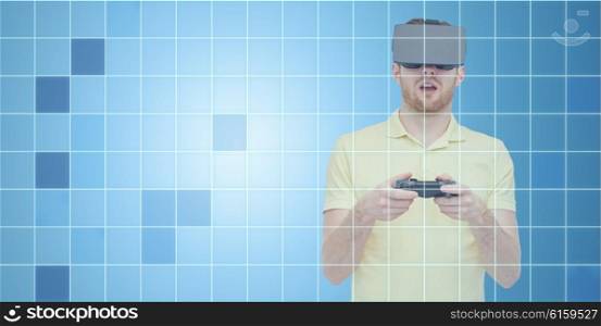 3d technology, virtual reality, entertainment and people concept - happy young man with virtual reality headset or 3d glasses playing with game controller gamepad over blue grid background
