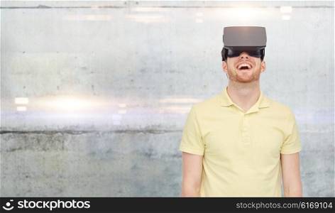 3d technology, virtual reality, entertainment and people concept - happy young man with virtual reality headset or 3d glasses over gray concrete wall background
