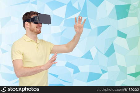 3d technology, virtual reality, entertainment and people concept - happy young man with virtual reality headset or 3d glasses playing game over low poly background