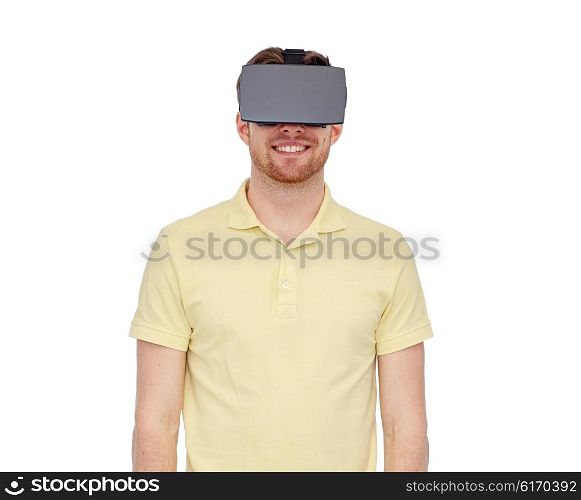 3d technology, virtual reality, entertainment and people concept - happy young man with virtual reality headset or 3d glasses