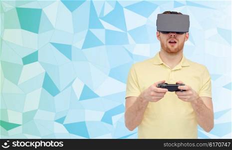 3d technology, virtual reality, entertainment and people concept - happy young man with virtual reality headset or 3d glasses playing with game controller gamepad over low poly background