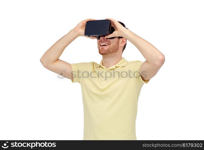 3d technology, virtual reality, entertainment and people concept - happy young man with virtual reality headset or 3d glasses