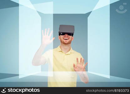 3d technology, virtual reality, entertainment and people concept - happy young man with virtual reality headset or 3d glasses playing game