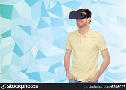 3d technology, virtual reality, entertainment and people concept - happy young man with virtual reality headset or 3d glasses over blue low poly texture background,