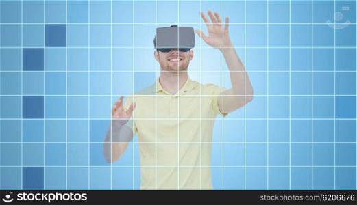 3d technology, virtual reality, entertainment and people concept - happy young man with virtual reality headset or 3d glasses playing game over blue grid background