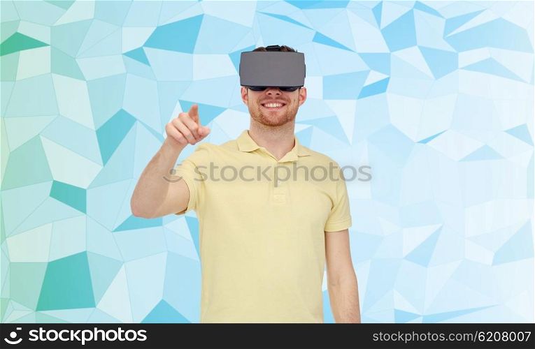 3d technology, virtual reality, entertainment and people concept - happy young man with virtual reality headset or 3d glasses playing game over low poly background