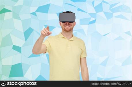 3d technology, virtual reality, entertainment and people concept - happy young man with virtual reality headset or 3d glasses playing game over low poly background