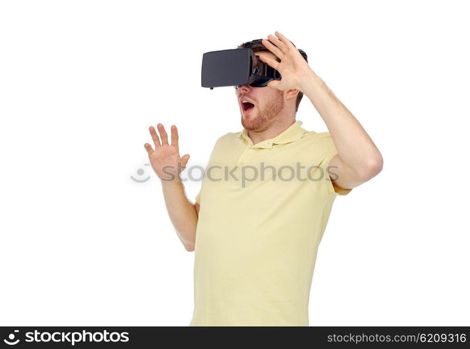 3d technology, virtual reality, entertainment and people concept - happy young man with virtual reality headset or 3d glasses playing game