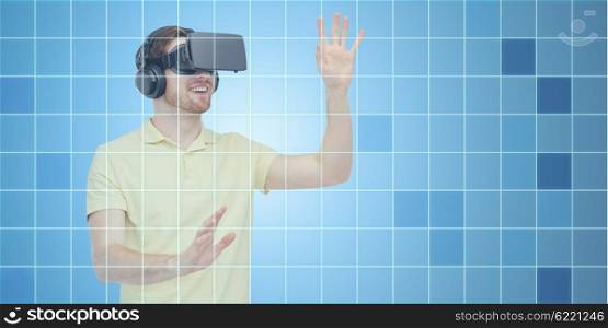 3d technology, virtual reality, entertainment and people concept - happy young man with virtual reality headset or 3d glasses playing game over blue grid background