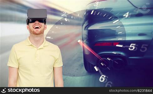 3d technology, virtual reality, entertainment and people concept - happy young man with virtual reality headset or 3d glasses playing car racing game over tachometer and street race background