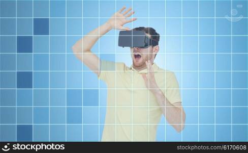 3d technology, virtual reality, entertainment and people concept - scared young man with virtual reality headset or 3d glasses playing game over blue grid background