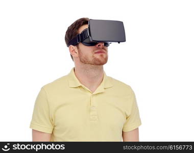 3d technology, virtual reality, entertainment and people concept - young man with virtual reality headset or 3d glasses