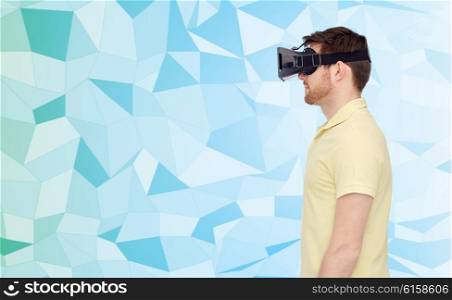 3d technology, virtual reality, entertainment and people concept - young man with virtual reality headset or 3d glasses over blue low poly texture background,