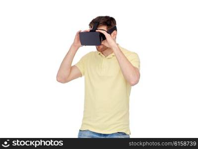 3d technology, virtual reality, entertainment and people concept - young man with virtual reality headset or 3d glasses