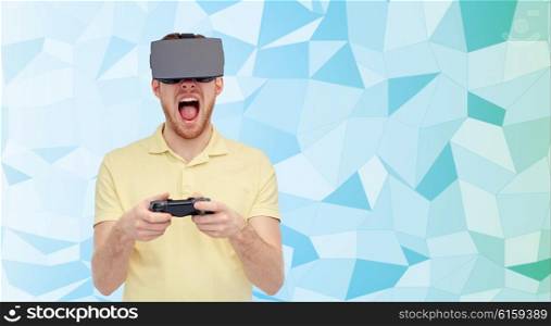 3d technology, virtual reality, entertainment and people concept - young man with virtual reality headset or 3d glasses playing with game controller gamepad and screaming over low poly background