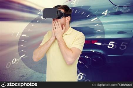 3d technology, virtual reality, entertainment and people concept - young man with virtual reality headset or 3d glasses playing game playing car racing game over tachometer and street race background