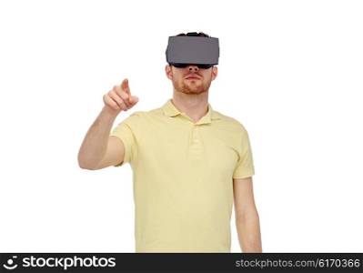 3d technology, virtual reality, entertainment and people concept - young man with virtual reality headset or 3d glasses playing game