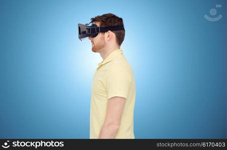 3d technology, virtual reality, entertainment and people concept - young man with virtual reality headset or 3d glasses over blue background