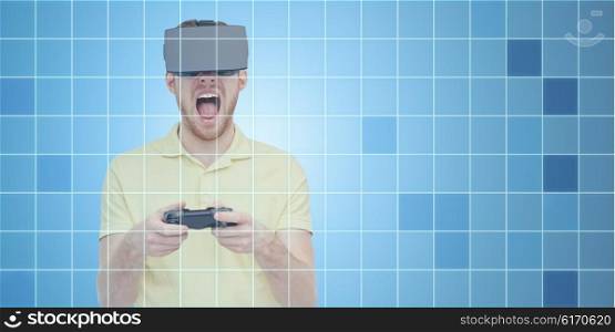 3d technology, virtual reality, entertainment and people concept - young man with virtual reality headset or 3d glasses playing with game controller gamepad and screaming over blue grid background