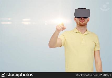 3d technology, virtual reality, entertainment and people concept - young man with virtual reality headset or 3d glasses playing game over gray background