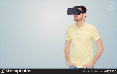 3d technology, virtual reality, entertainment and people concept - young man with virtual reality headset or 3d glasses over gray background
