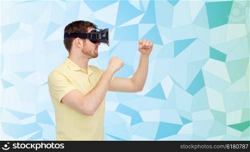 3d technology, virtual reality, entertainment and people concept - young man with virtual reality headset or 3d glasses playing game and fighting over low poly background